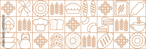 Abstract bakery menu background with line drawing. Geometric pattern bread, croissant, donut. Bakery line pattern.