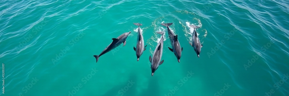 Fototapeta premium Pod of dolphins frolicking in turquoise sea, seen from above, turquoise water, ocean, marine animals