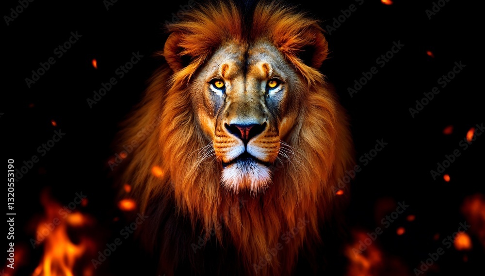Fototapeta premium Majestic Lion Portrait with Fiery Background Powerful Animal Image