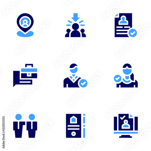 Hiring icon set. Bold style. Duotone colors. candidate, job description, approval, candidates, onboarding, hired, lease