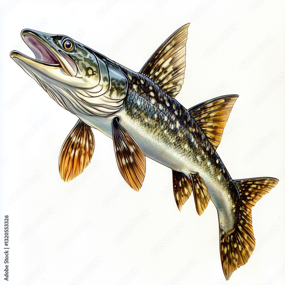 Naklejka premium Illustration of the Northern Pike swimming, soft watercolor tones, white background, detailed illustration, cartoonish.