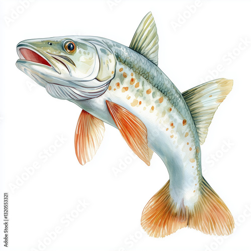 Illustration of the Northern Pike swimming, soft watercolor tones, white background, detailed illustration, cartoonish.