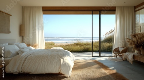 A bright and airy bedroom with a king-size bed, flooded with natural light that streams through a floor-to-ceiling window, offering panoramic views of the ocean and the distant shoreline.