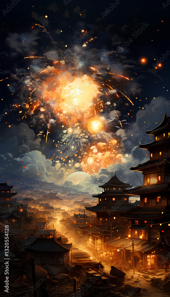 Fototapeta premium Fireworks Display in Ink Art Style