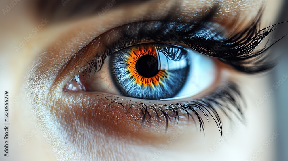 Fototapeta premium An extreme close up reveals intricate details of a blue eye's iris, pupil, and eyelashes, showcasing the beauty of human vision.