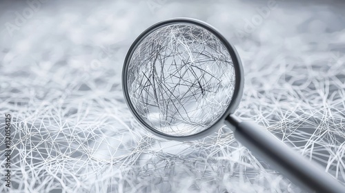 Surreal magnifying glass with intricate lines representing the complexity and nuance of search algorithm creation and functionality