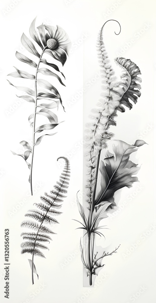 Obraz premium Five Drawings of Fern Leaves in Artistic Style 1