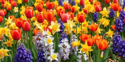 Vibrant tulips, daffodils, and hyacinths blooming in a lush spring garden, butterflies, plants