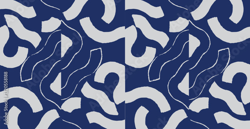 Crafted hand drawn brush line abstract pattern in indigo blue and white, Japanese and ethnic folk wood caving, block print texture surface background, simple graphic for textile, decoration