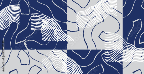 Crafted hand drawn brush line abstract pattern in indigo blue and white, Japanese and ethnic folk wood caving, block print texture surface background, simple graphic for textile, decoration