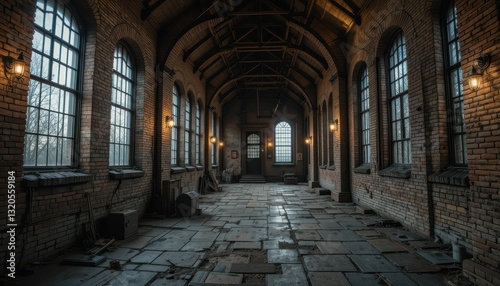 Abandoned Industrial Interior with Vintage Lighting and Brick Walls