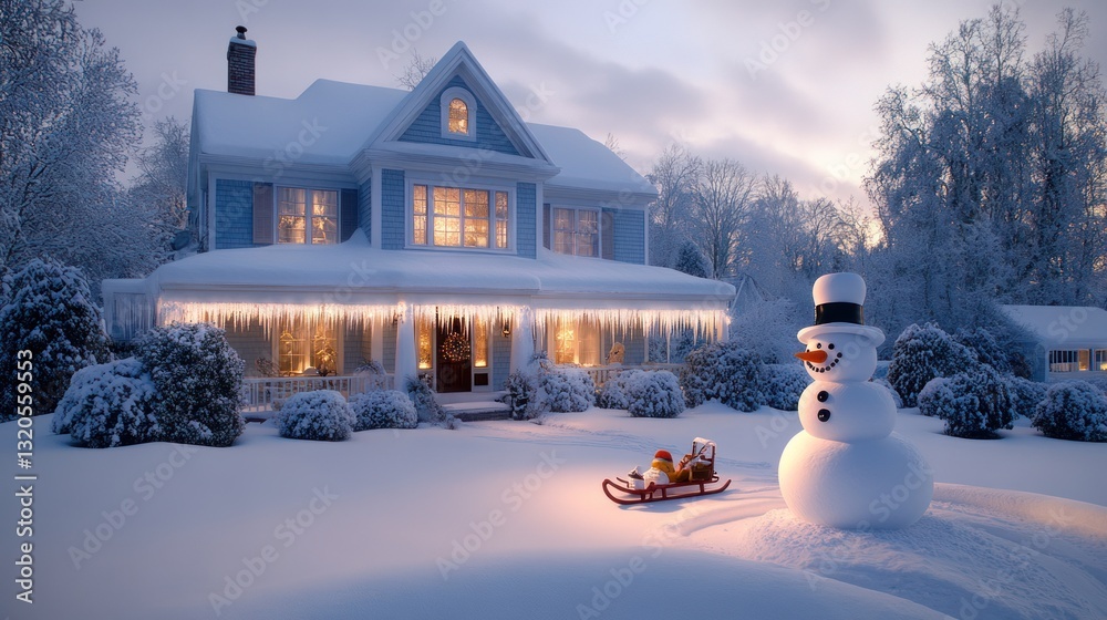 Naklejka premium A two-story house, covered in snow with icicles hanging from the roof. In the front yard there is a snowman and a sled, and the soft glow of the setting sun illuminates the scene behind the house.