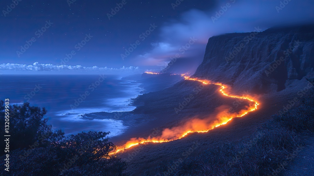 Fototapeta premium At night, glowing orange lava dramatically illuminates the dark volcano's side and surrounding landscape, creating a powerful scene of natural force.
