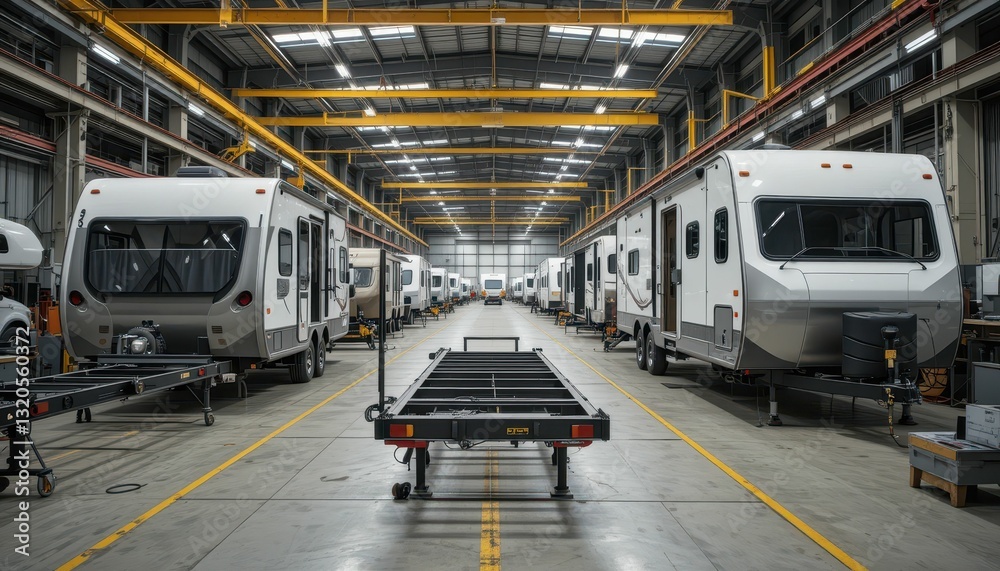 Obraz premium Modern RV Manufacturing Facility with Multiple Trailers on Line
