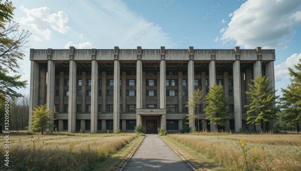 Abandoned Brutalist Building Surrounded by Overgrown Grass and Trees Abandoned Brutalist Building Surrounded by Overgrown Grass and Trees