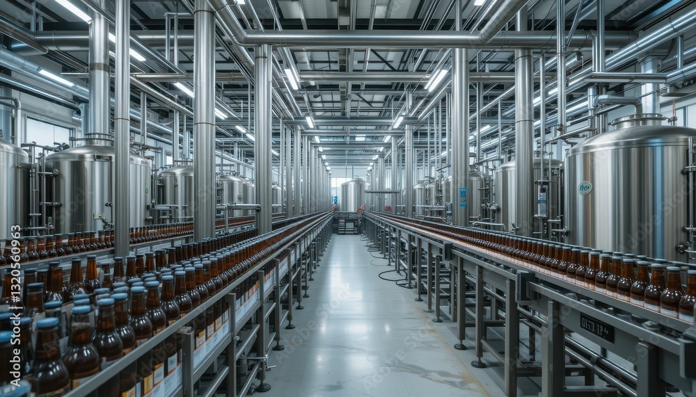 Fototapeta premium Modern Brewery Interior with Equipment and Bottles in Production Line