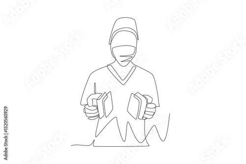 Doctor using a defibrillator. Surgery concept one-line drawing