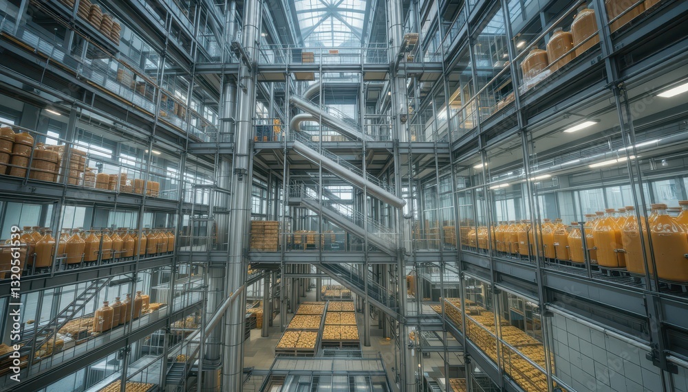 Fototapeta premium Modern Warehouse Interior with Industrial Design and Storage Bins