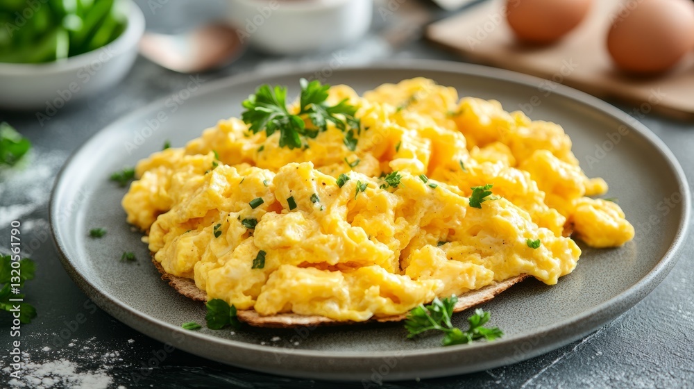 Scrambled eggs breakfast close-up. Premium food photo Scrambled eggs breakfast close-up. Premium food photo