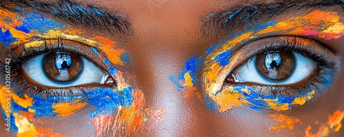 In the radiant embrace of artistic expression, her eyes become captivating canvases, adorned with strokes of vibrant hues that dance and swirl with ethereal grace The captivating kaleidoscope of
