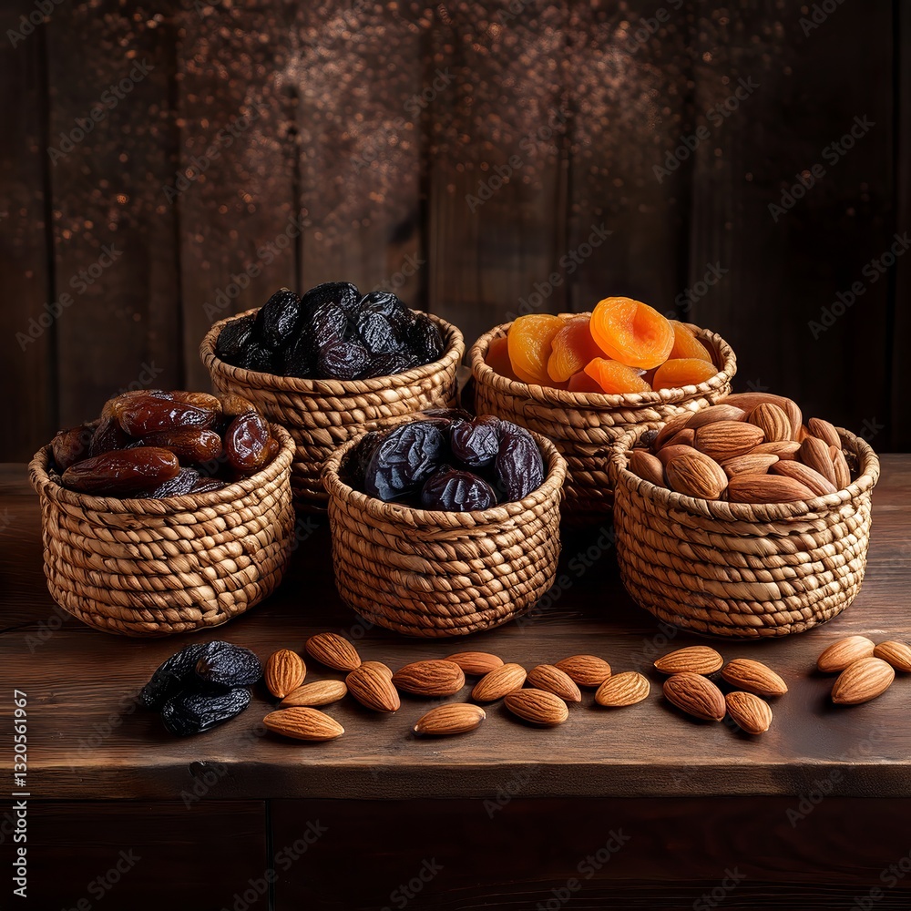 Array of dried fruits and nuts in woven baskets on a rustic wooden surface for a healthy snack Array of dried fruits and nuts in woven baskets on a rustic wooden surface for a healthy snack