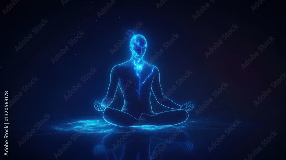 Ethereal Blue Human Figure Meditating in a Dark Space, Surrounded by Glowing Elements and Energetic Light Effects, Symbolizing Peace and Inner Harmony Ethereal Blue Human Figure Meditating in a Dark Space, Surrounded by Glowing Elements and Energetic Light Effects, Symbolizing Peace and Inner Harmony