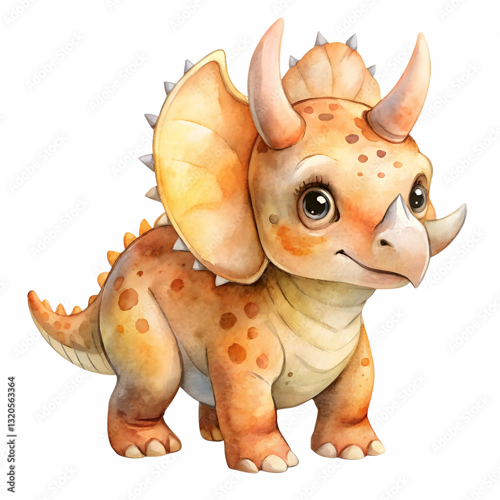 Fototapeta premium Whimsical Triceratops: A charming watercolor illustration of a friendly triceratops, rendered with soft hues, intricate details, and a playful demeanor.