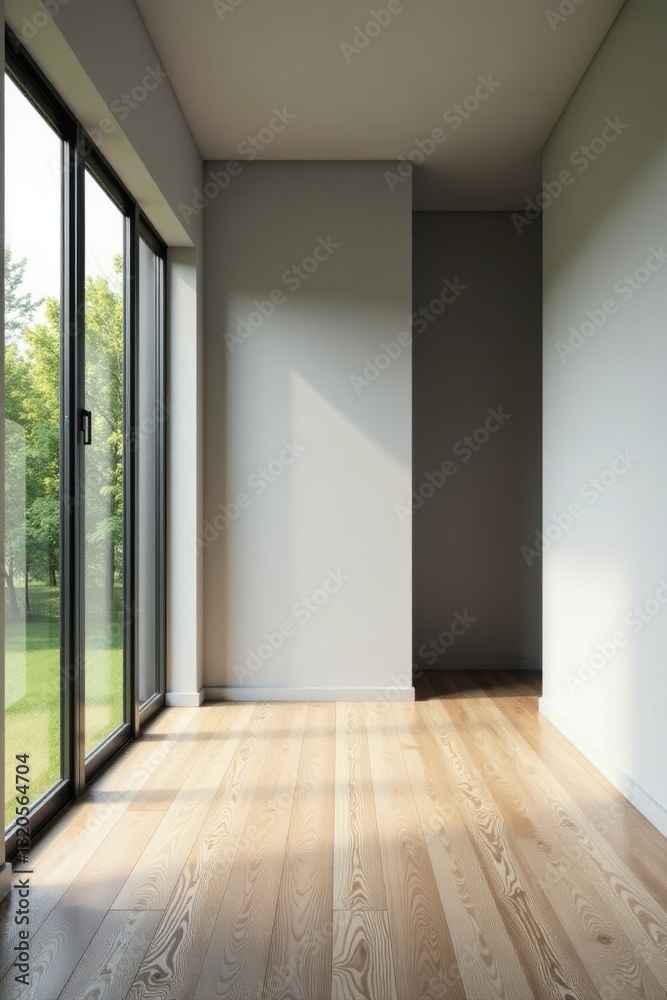 Fototapeta premium Bright Sunlight Illuminates an Empty Room with Light Wood Flooring and Large Windows Showing Lush Greenery