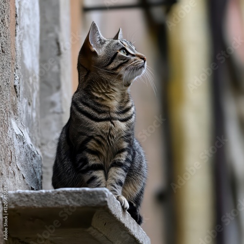Cat on a Ledge: A tabby cat sits on a stone ledge, gazing thoughtfully into the distance, exhibiting a serene and observant demeanor.