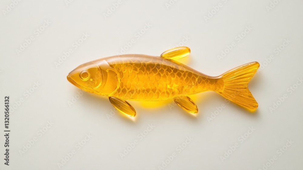 Fototapeta premium Transparent Yellow Fish Figurine on a Light Background, Showing Smooth Surface, Shiny Texture, and Intricate Details, Perfect for Decorative Purposes