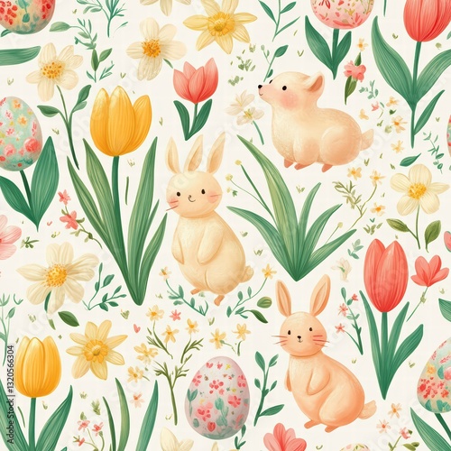 Springtime Easter Delight: A whimsical illustration bursting with vibrant blooms, adorable bunny, and colorful eggs, perfect for spreading the cheer of spring. 