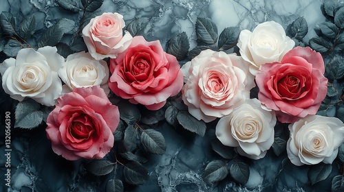 Beautiful pink, red, and white roses on marble may celebrate Valentine's, Women's, or spring, with more roses blurred.