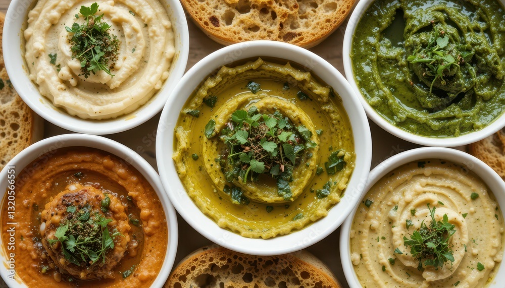 Colorful Display of Various Hummus Dishes with Fresh Garnish Colorful Display of Various Hummus Dishes with Fresh Garnish