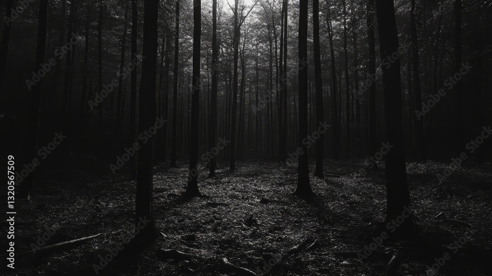 Naklejka premium A dark forest at night, with faint shadows of trees and a quiet, eerie stillness in the air 