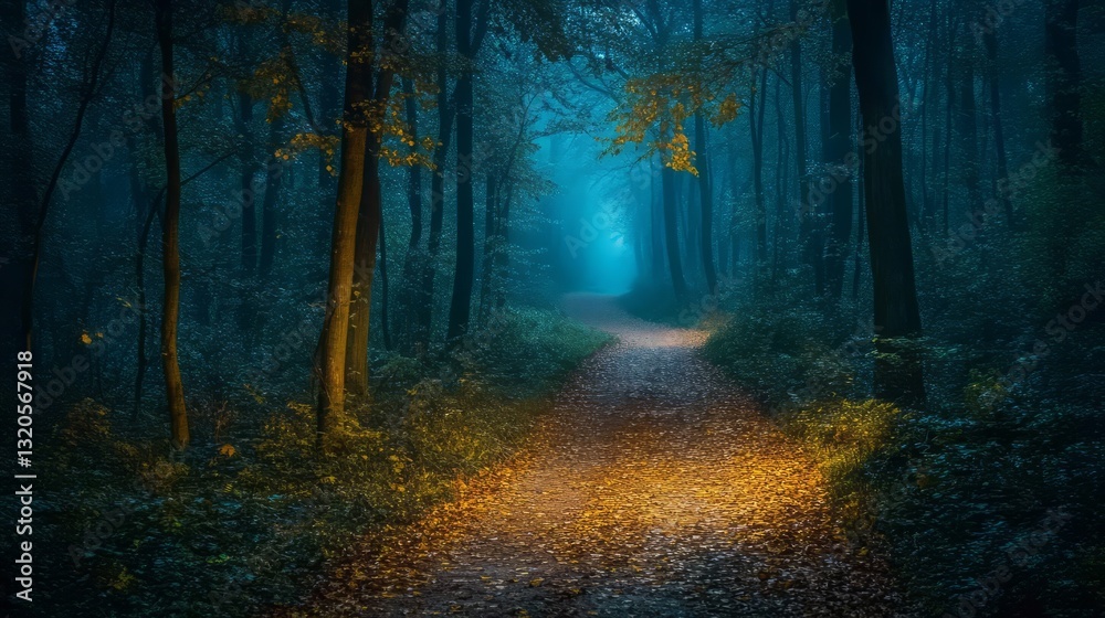 Fototapeta premium A dark forest path at night, with the sound of distant thunder and mist rising from the ground 