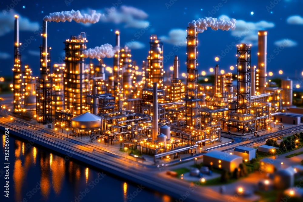 Fototapeta premium A sprawling oil refinery glows under the night sky. Generative AI