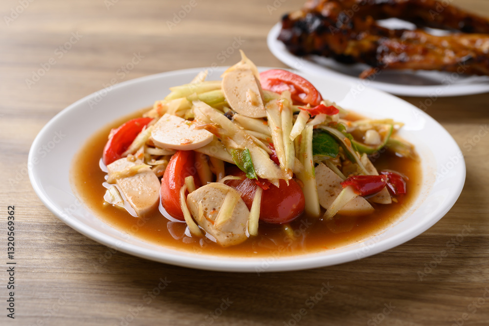 Thai food (Som Tum), Spicy papaya salad with pork sausage eating with grilled chicken wing. Local Thai food Thai food (Som Tum), Spicy papaya salad with pork sausage eating with grilled chicken wing. Local Thai food