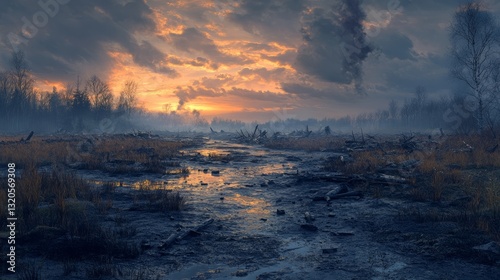 A deserted battlefield at dusk, with broken weapons and the sound of distant thunder