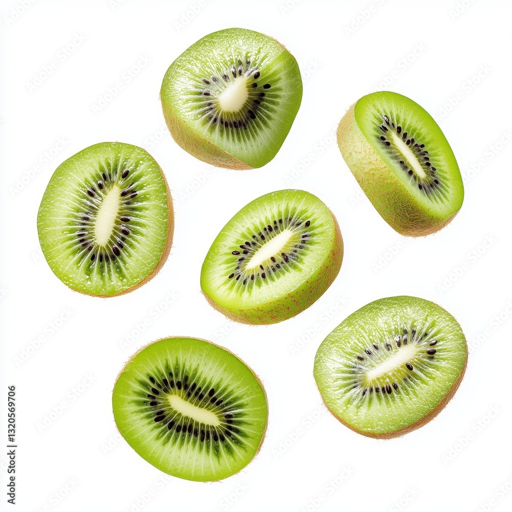 Fototapeta premium Vibrant green kiwi slices revealing juicy flesh and tiny seeds captured in a crisp and appealing food photograph Isolated on
