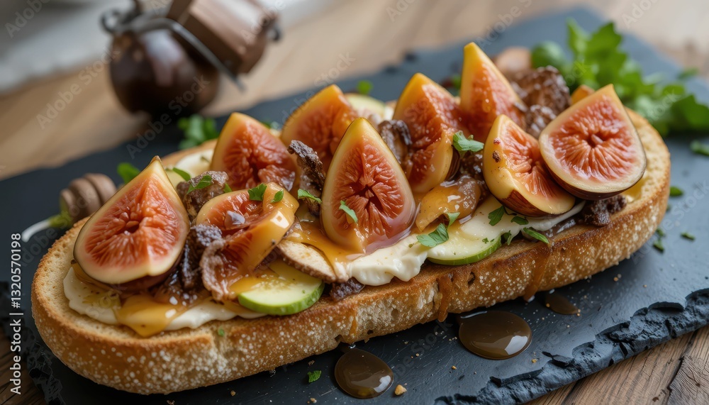 Delicious Fig and Cheese Tartine with Fresh Ingredients on Slate Board Delicious Fig and Cheese Tartine with Fresh Ingredients on Slate Board