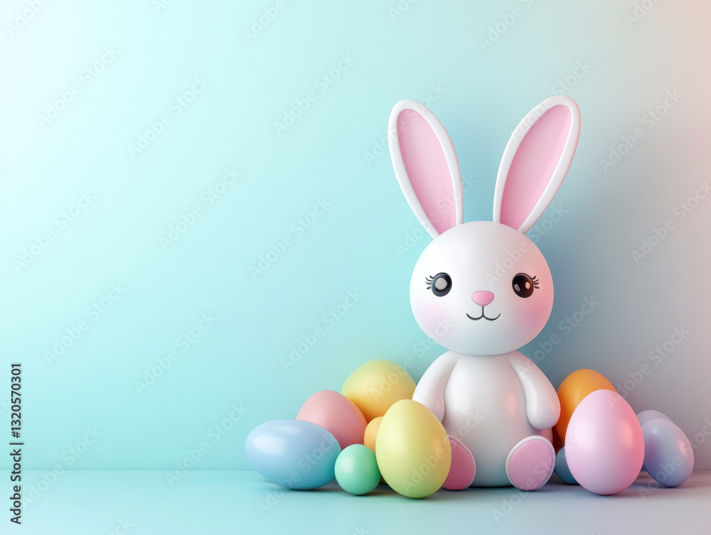 Obraz premium Cute Easter bunny sitting with colorful eggs on pastel background, Copy Space, Blank Background Space For Text