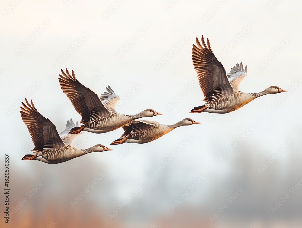 Flock of Geese Flying Together in Open Sky During Migration Flock of Geese Flying Together in Open Sky During Migration