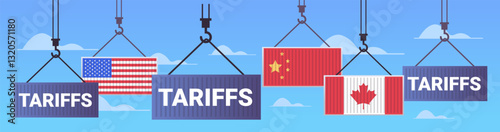 Shipping containers trade war concept flags USA China Canada blue sky clouds
