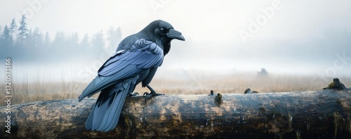 A large black bird perched on a weathered tree log