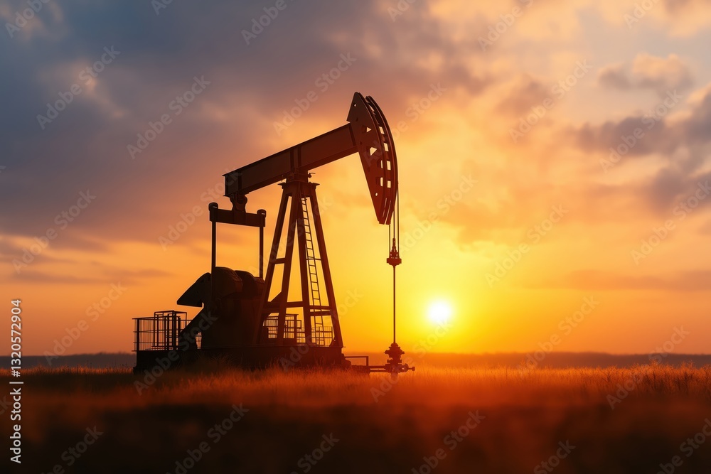 Oil pumpjack silhouette against a fiery sunset sky reflecting energy extraction and industrial power Oil pumpjack silhouette against a fiery sunset sky reflecting energy extraction and industrial power