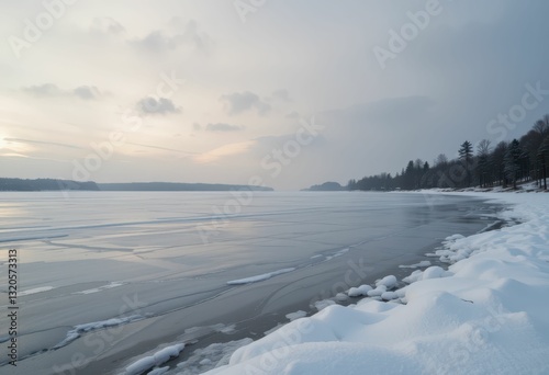Calm Winter Landscape with Frozen Lake and Snowy Shoreline at Dusk