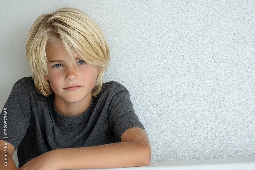 A thoughtful young boy with blonde hair poses against a light background A thoughtful young boy with blonde hair poses against a light background