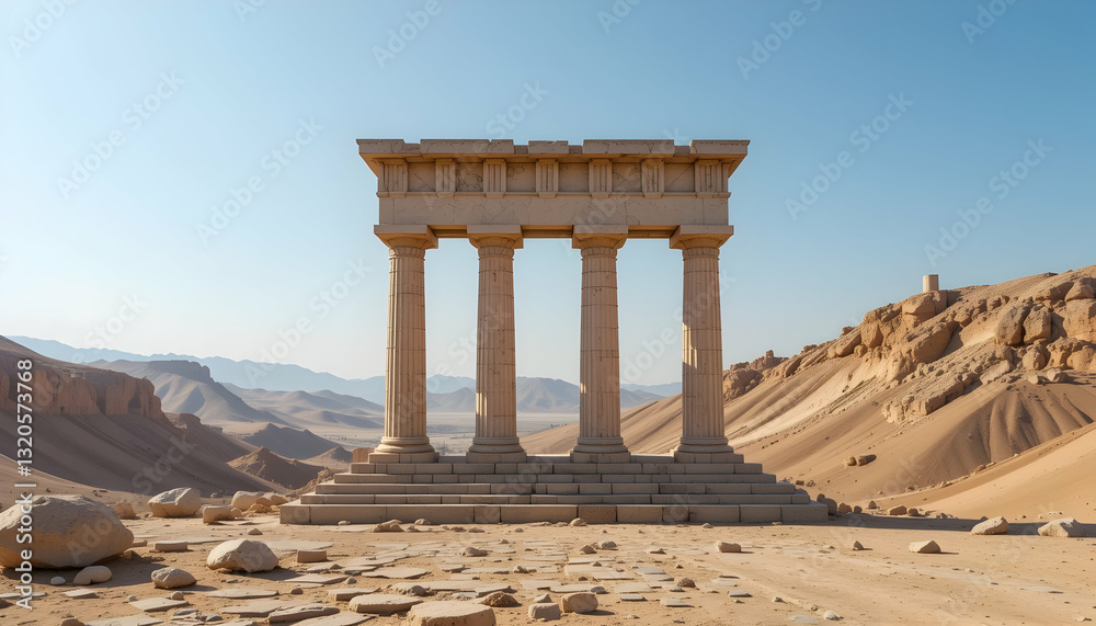 Ancient Column Ruins Standing Tall in a Sandy Desert Landscape Ancient Column Ruins Standing Tall in a Sandy Desert Landscape