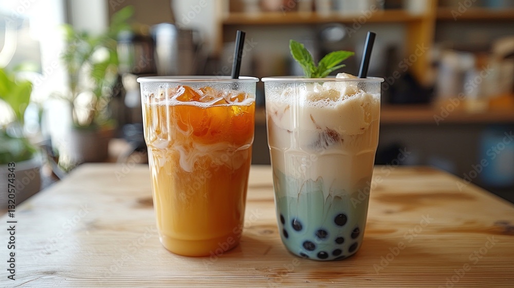 Fototapeta premium Two Cold Beverages Served In Clear Plastic Cups On Wood Surface
