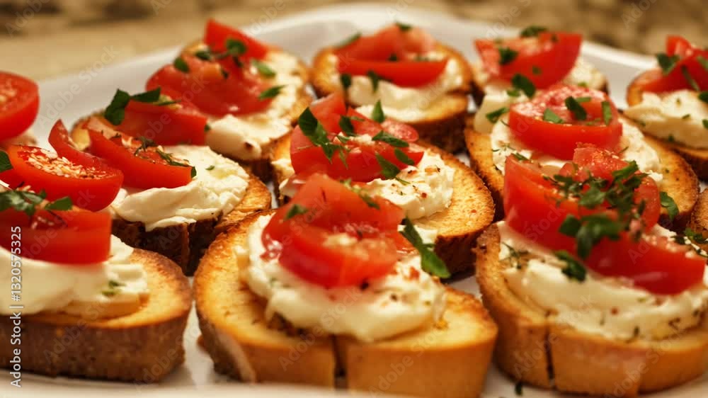 Savor the delightful combination of creamy goat cheese and roasted tomatoes atop crisp toasted bread, garnished with fresh herbs. Perfect for a gathering or special occasion. Savor the delightful combination of creamy goat cheese and roasted tomatoes atop crisp toasted bread, garnished with fresh herbs. Perfect for a gathering or special occasion.